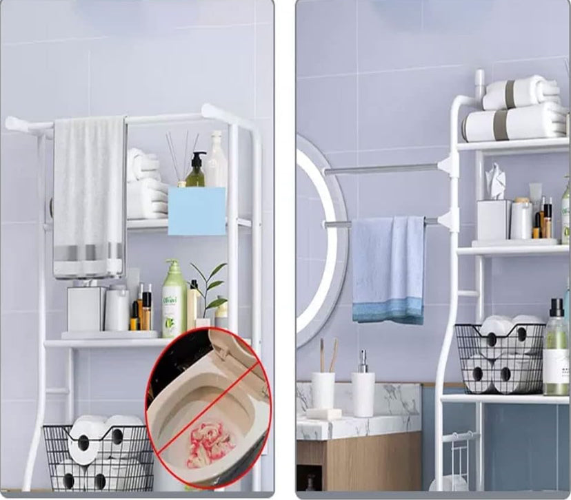 Meuble de rangement WC blanc avec étagères et barre pivotante