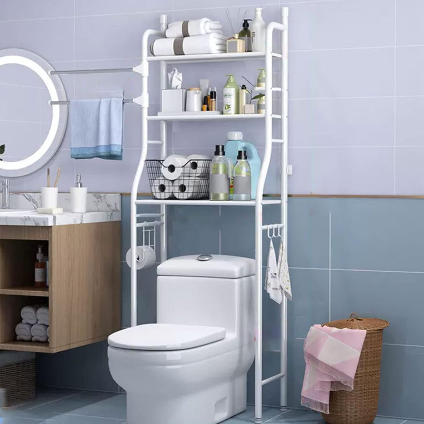 Meuble de rangement WC blanc avec étagères et barre pivotante