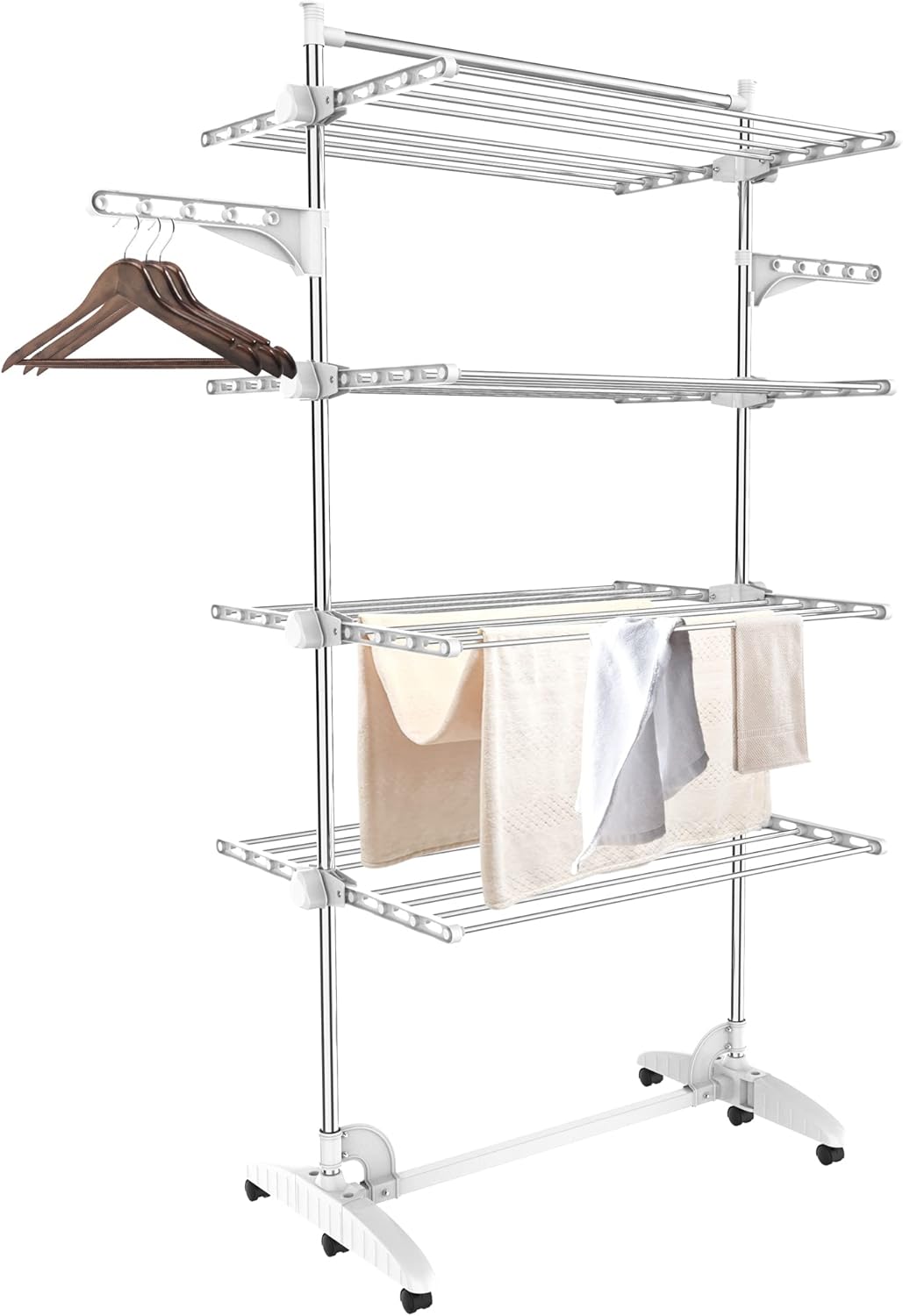 alt="Support à linge pliable en acier inoxydable avec roulettes, facile à déplacer sans rayer le sol"
